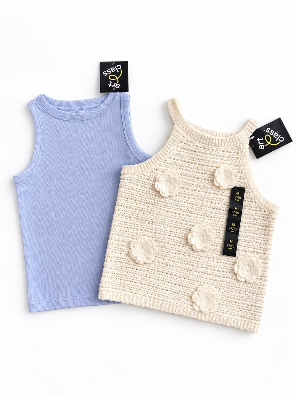 art class Girls' Crochet Cream Floral Tank & Lavender Ribbed Tank Duo
